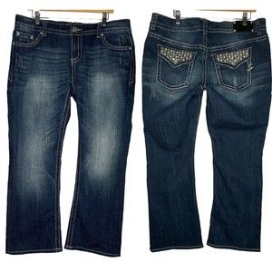 Seven7 Slim Bootcut Jeans Plus Sz 16 Thick Stitch Flap Pockets Rhinestone Bling